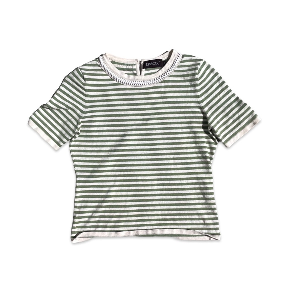 Episode Green White Striped Knit Tee with Braided Trim Size S